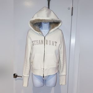 *Cream Crop Faux Fur Lined LS Coat Embroidered Steamboat Ladies Med EUC